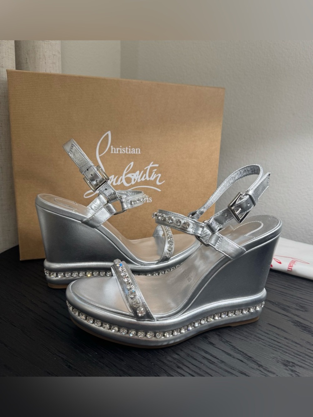 Christian Louboutin Pyrastrass 110 Embellished Wedge Sandals Silver 37